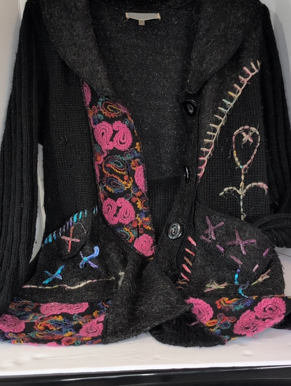Women's Liquid Black Embroidered Shawl CollarSweater Cardigan- Med